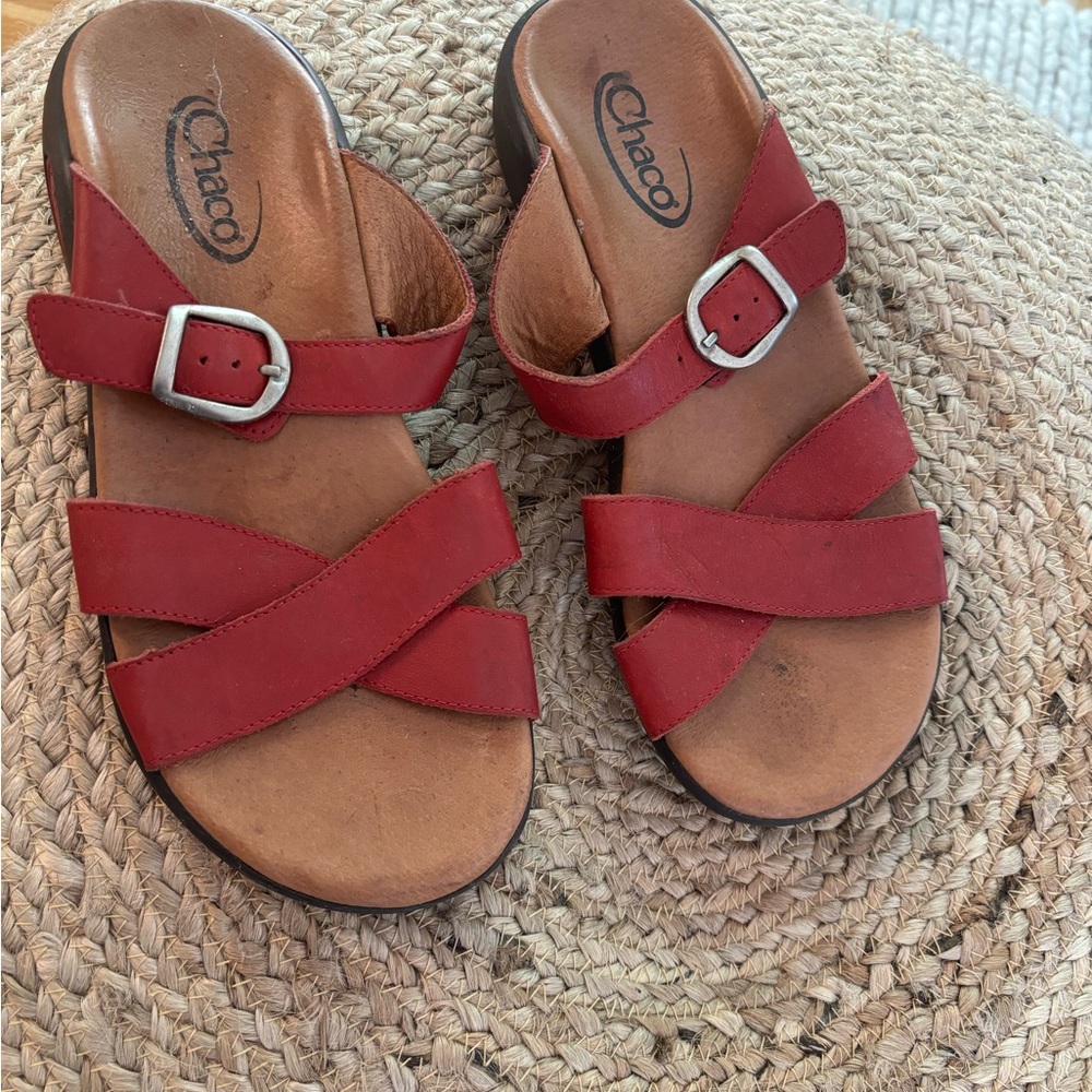 Red leather Chaco sandals